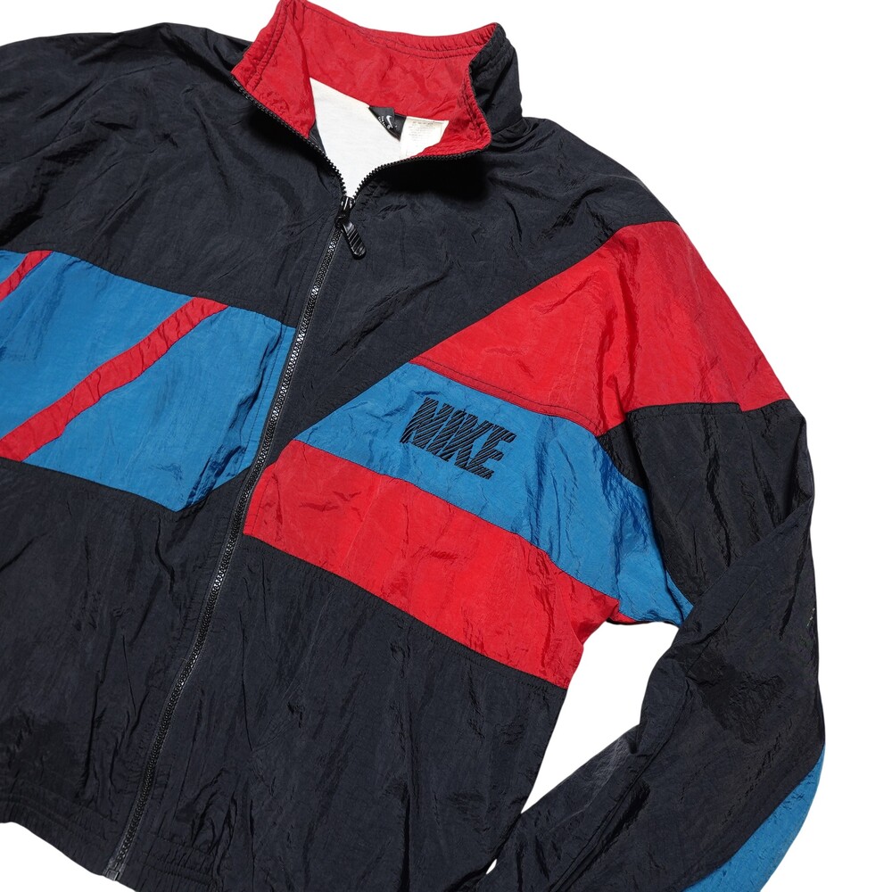 Nike Jacket Mens Large Black Red Blue Colorblock Full Zip Lined Windbreaker
